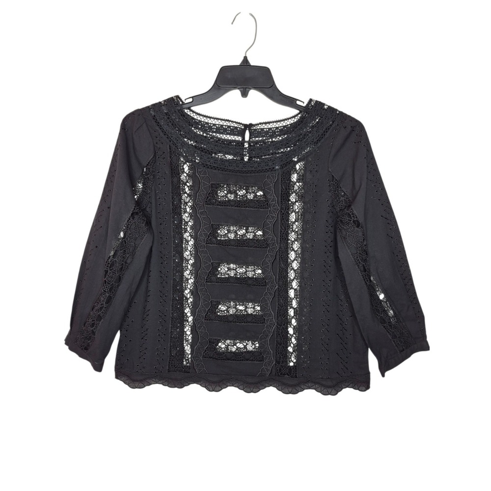 White House Black Market Black Eyelet Lace Cotton Top Womens 10